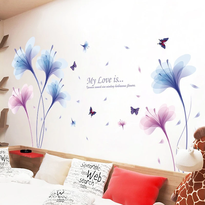 

Romantic Purple Lily Flowers DIY Wall Stickers Living Room Mural Sofa Decoration Bedroom Sweet Wallpaper Art Decals Home Decor