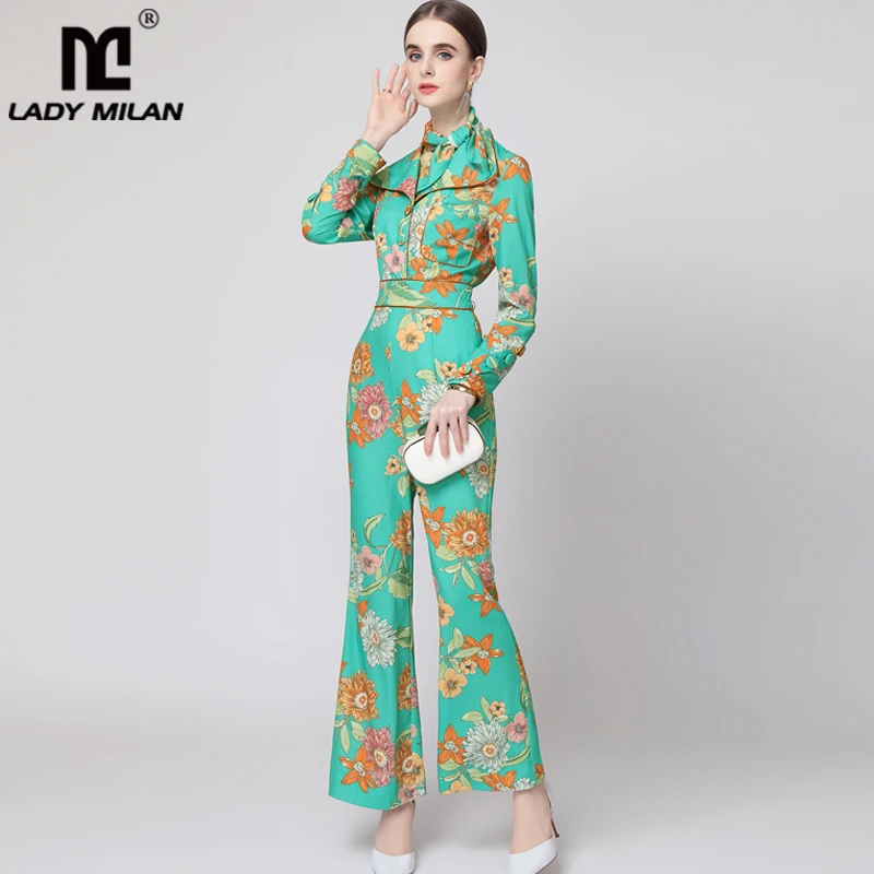 Women's Runway Jumpsuits& Rompers Turn Down Collar Long Sleeves Printed Floral Fashion Full Pants