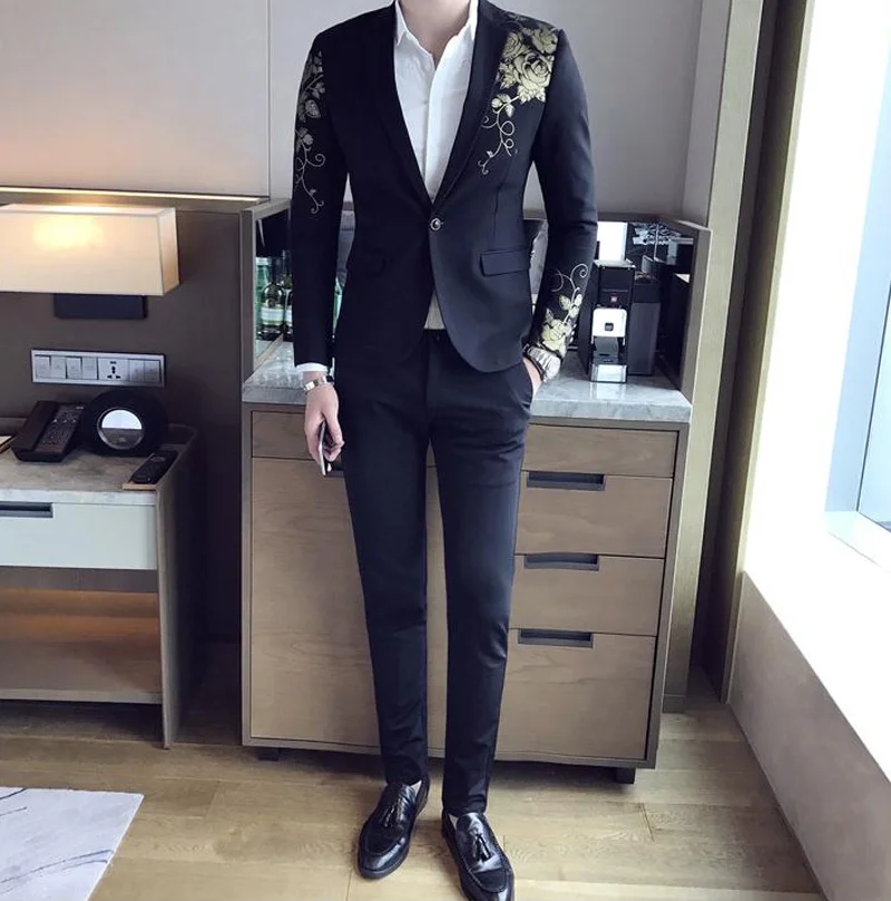 Мужской Блейзер на одной пуговице с золотым цветочным принтом новинка 2019