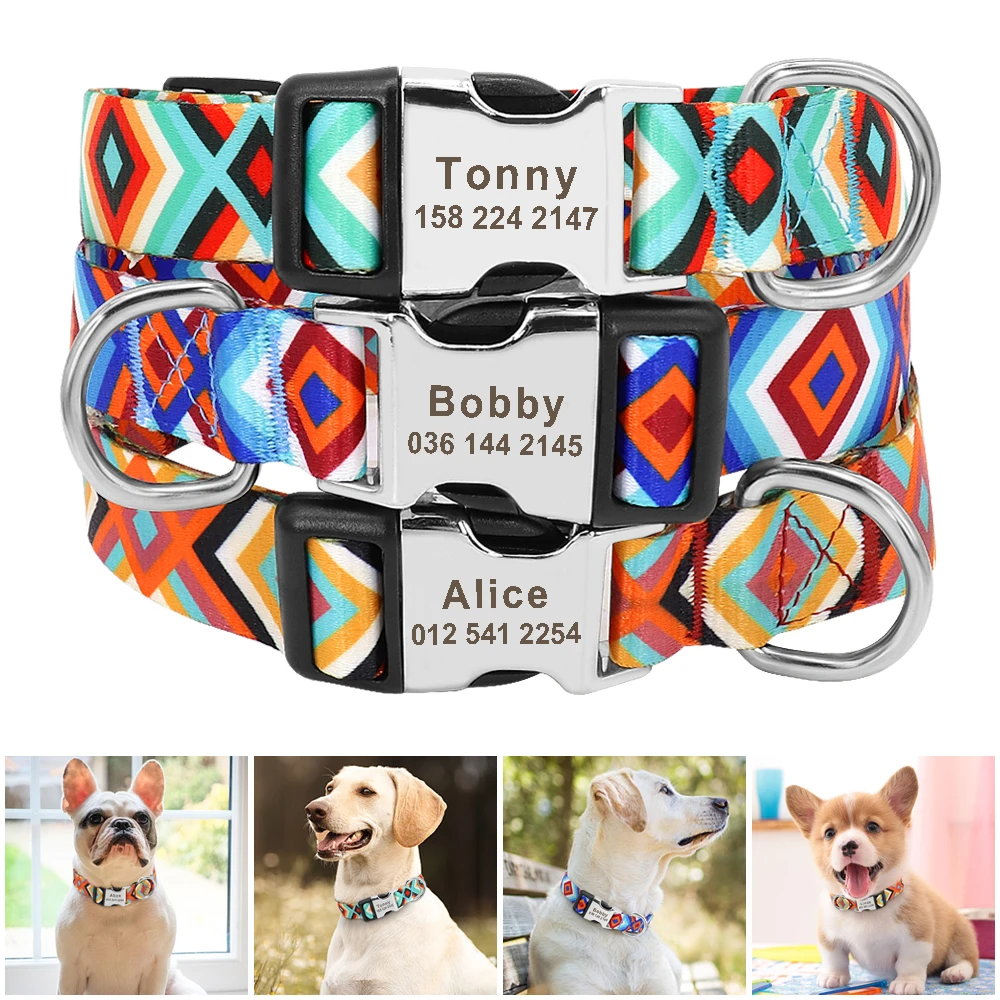 

Personalized Dog ID Collar Nylon Customized Dogs Collar With Tag Nameplate Free Engraving For Small Medium Large Dogs Pitbull