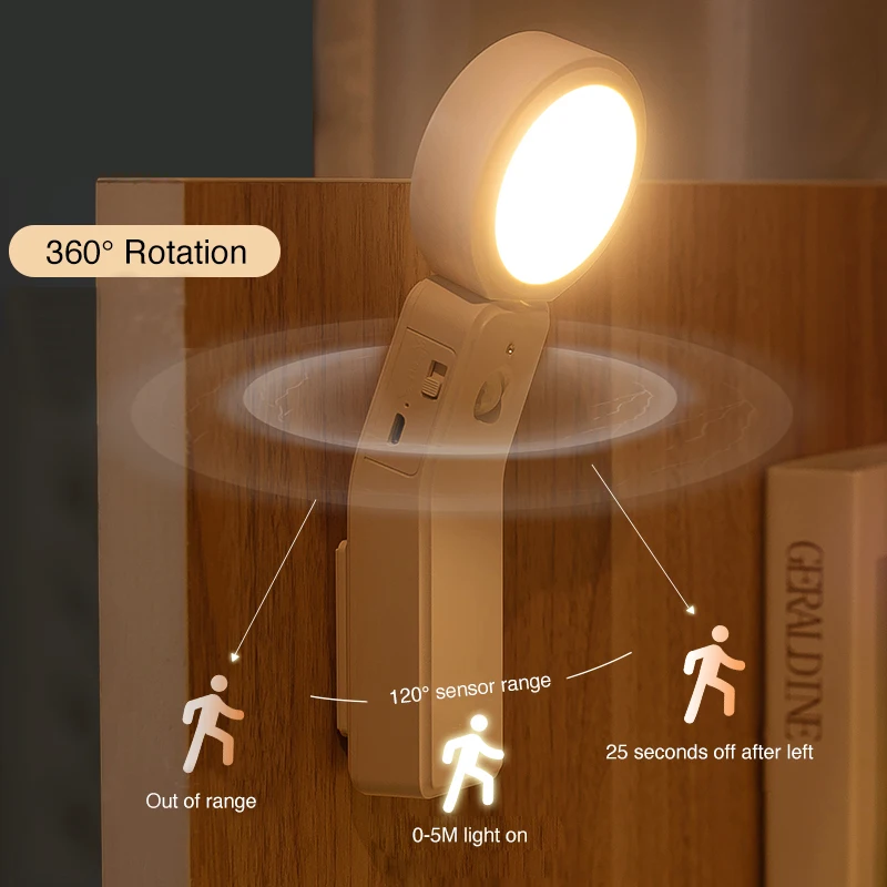Luz LED nocturna con Sensor de movimiento, lámpara de pared con rotación de 360 °, recargable por USB, para pasillo, Baño, Dormitorio y cocina