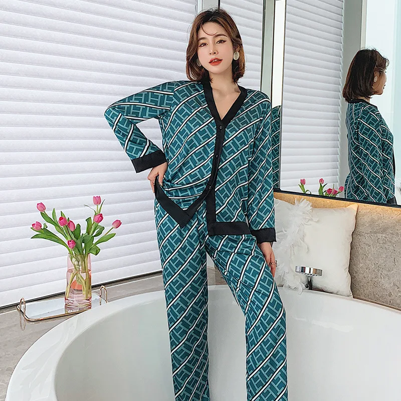 2pcs Women's Pajamas Sets Woman Pajama Summer V Neck Design Suit Long Sleeve Trousers Set Home Clothes Sexy Satin Silk Pijamas