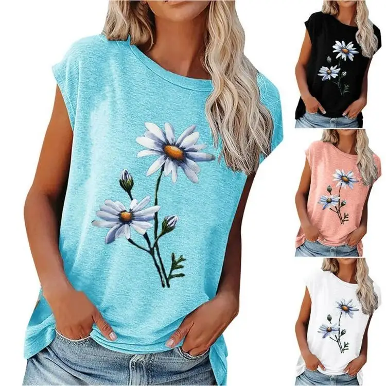 

Женская футболка с круглым вырезом, коротким рукавом и цветочным принтом