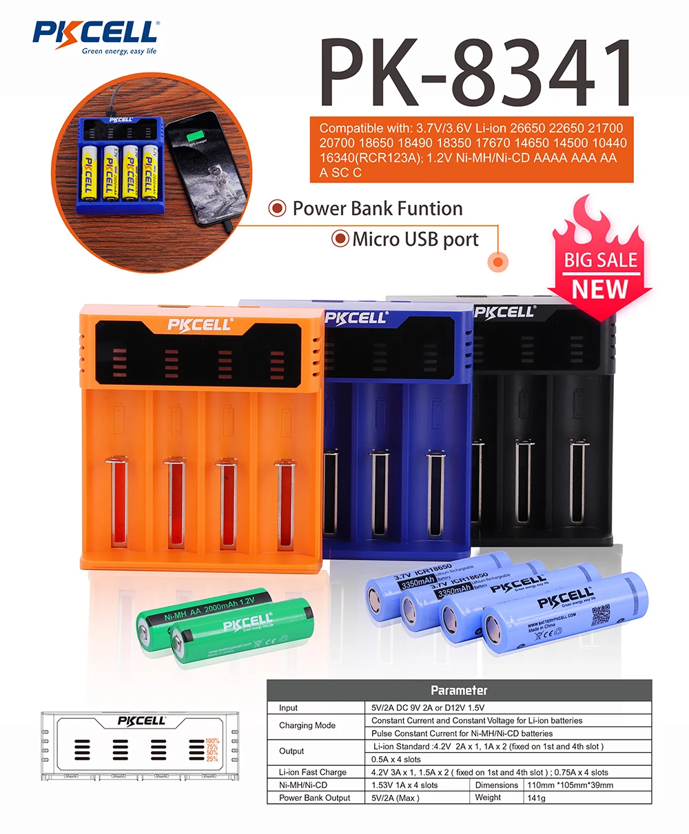 

NIMH 1.2V PKCELL 1/2Cards AA 2200mah and 1/2Cards AAA 1000mah Rechargeable Battery With 1-4Slots NIMH/Li-ion Charger