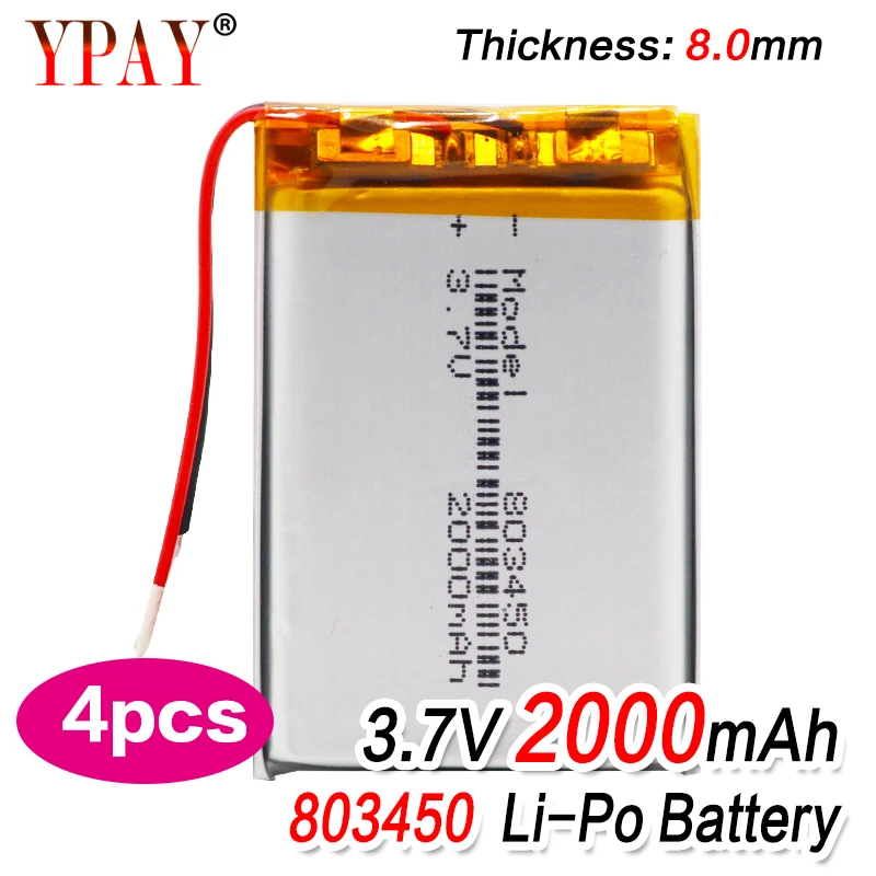 4 шт. новая высокая емкость 2000 мАч литий ионный полимерный аккумулятор 3 7 В 803450