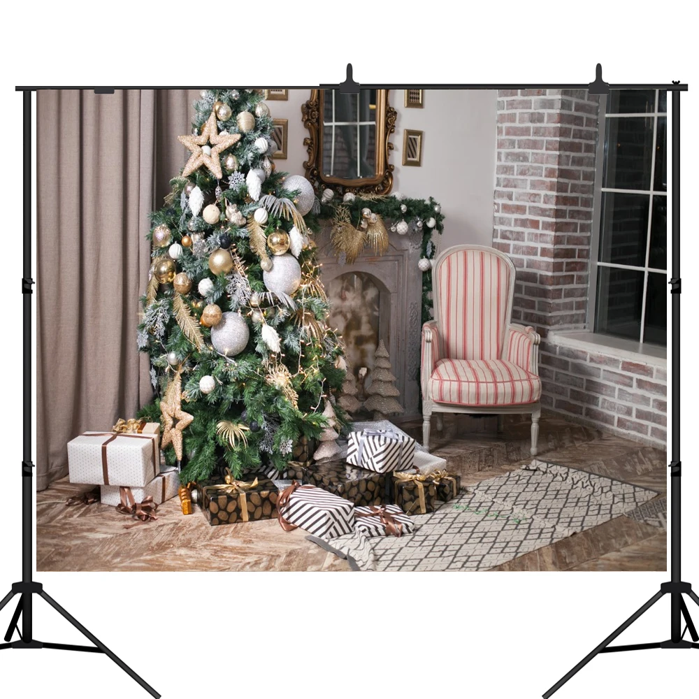 

Lyavshi Indoor Fireplace Merry Christmas Photo Background Printed Xmas Tree Gifts Chair Kids New Year Photography Backdrops