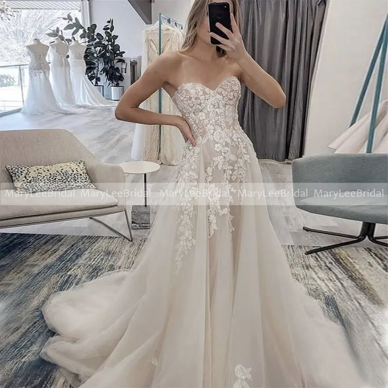 

Illusion Floral Appliques Wedding Dress Light Champagne Tulle robe marie A-Line Customize Bohemian Bridal Gown For Bride 2021