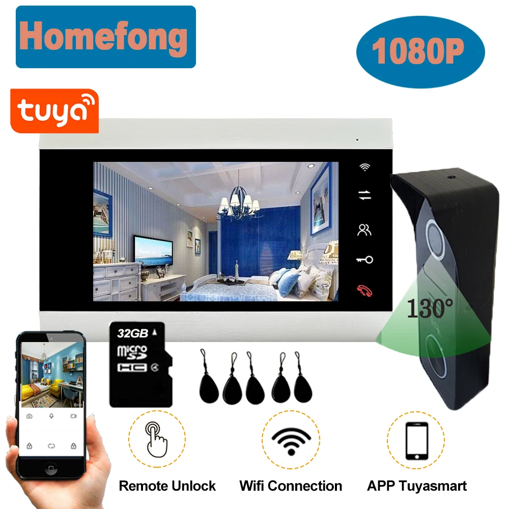 Homefong 7 Inch Tuya Smart Wireless WiFi IP Video Door Phone Intercom System 1080P with Electronic Lock Mobile RFID Unlock Talk |