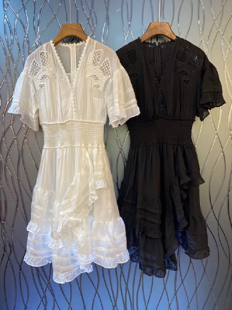 

Embroidery Dress 100%Cotton 2021 Summer Style Women V-Neck Hollow Out Embroidery Short Sleeve A-Line Sexy Ruffle Dress Club