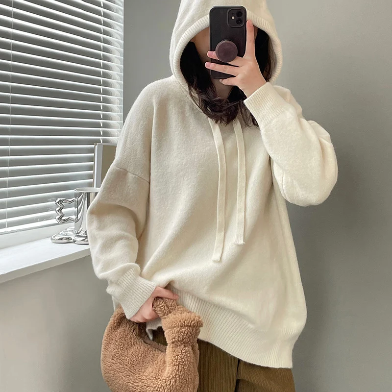 

Свитер женский однотонный с длинным рукавом, Модный повседневный трикотажный пуловер свободного покроя с капюшоном, винтажный свитер в сти...