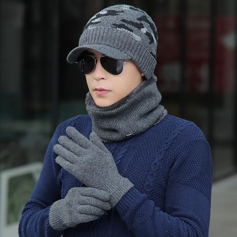 Зимняя вязаная шапка шарф Набор мужские однотонные теплые шарфы с капюшоном