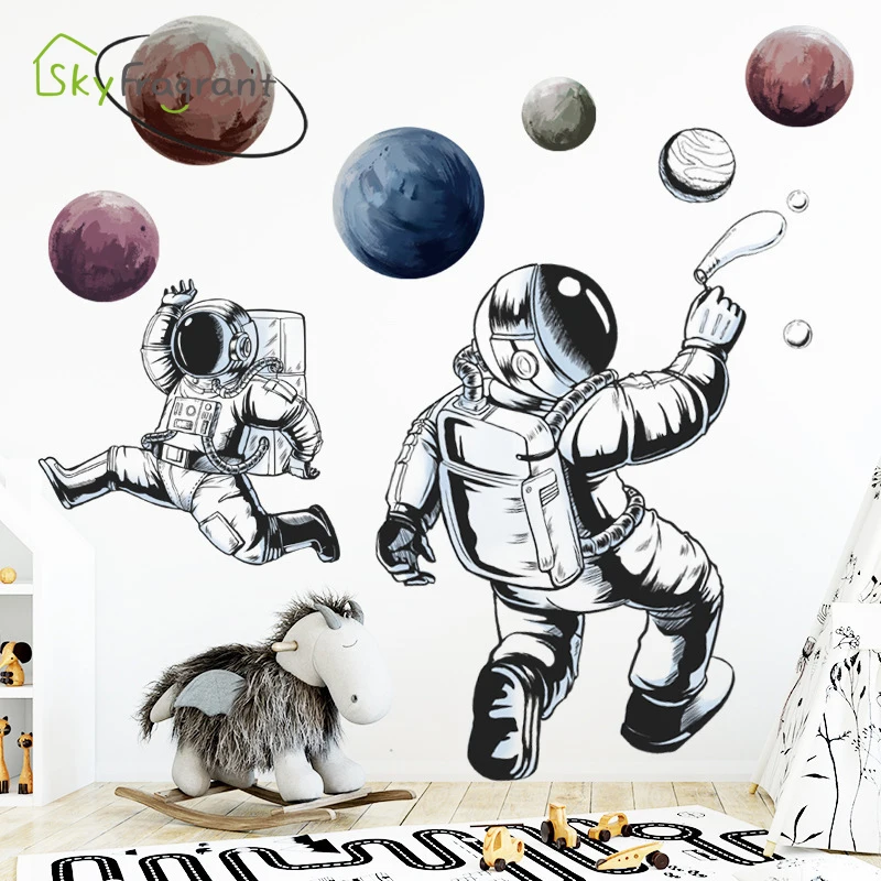 Cartoon Wall Sticker Astronaut Space Planet Boys Bedroom Decoration Living Room Decor Self-adhesive Stickers Home | Дом и сад