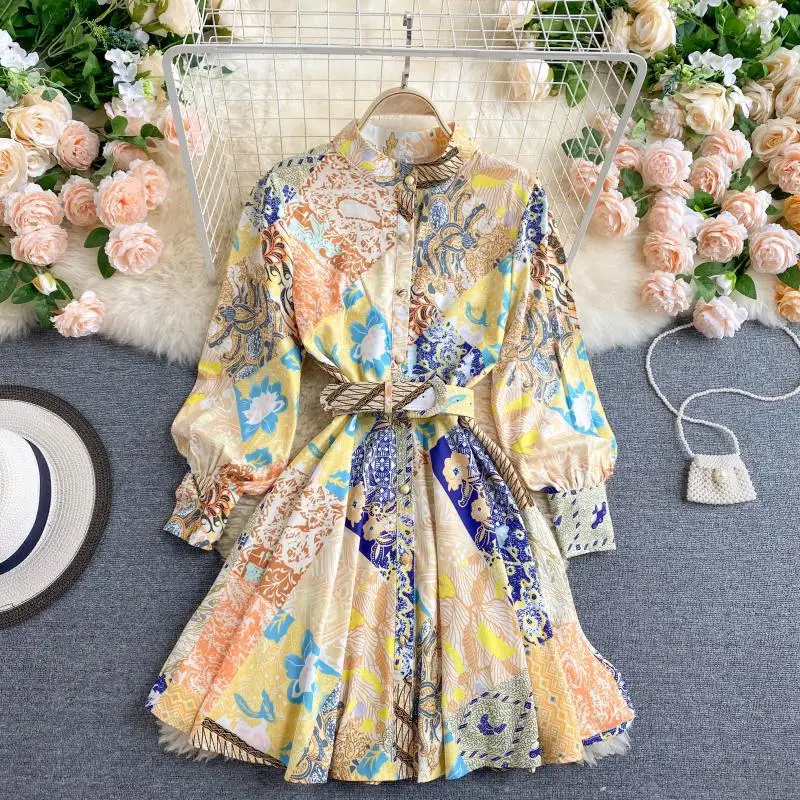

Dress Spring Autumn 2021 New Ladies Temperament Stand Up Collar slim Short Retro Printed Palace Dresses Belt Women