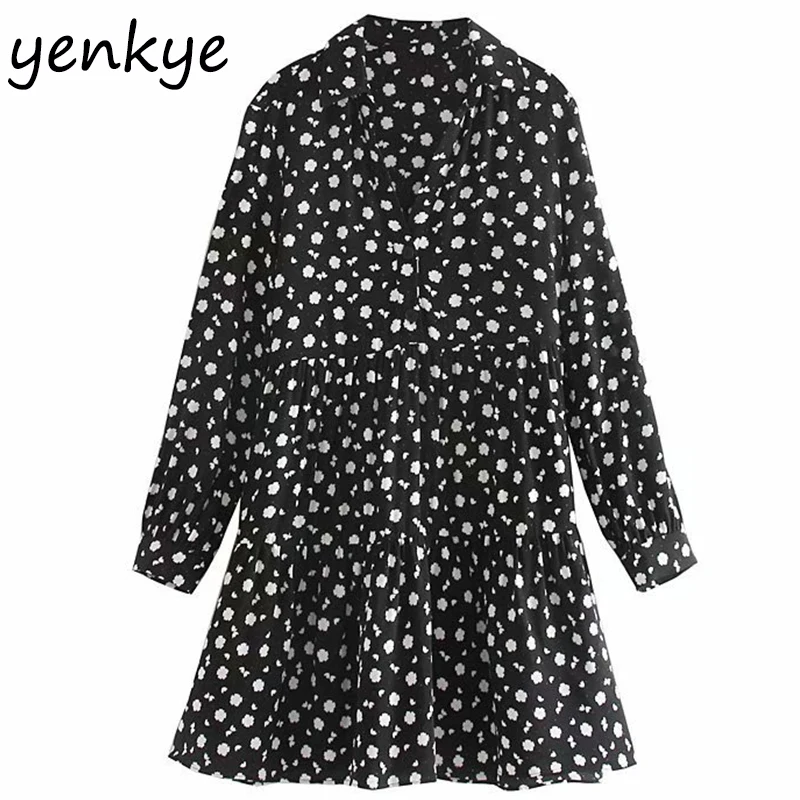 Женское винтажное мини платье с принтом Осеннее Повседневное воротником и