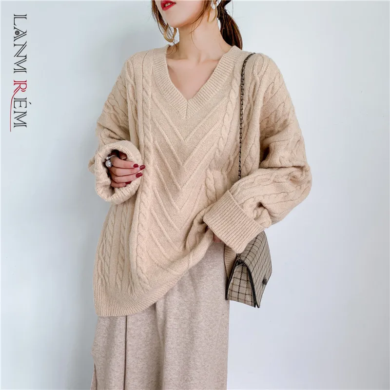 

LANMREM 2022 новый осенний пуловер свитер корейский v-образный вырез длинный рукав вязаный свитер универсальная женская верхняя одежда 2T1139