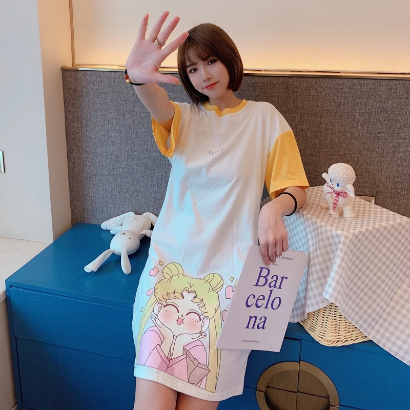 

Summer New Nightdress Female Korean Cotton Nightwear For Women Cute Cartoon Nightgown Student Sleep Dress Femme Home Chothing