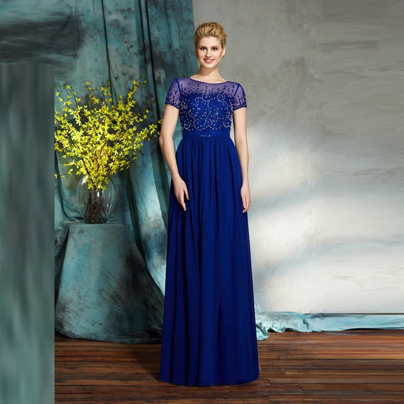 

Latest Classic Royal Blue Beading Bodice Mother of the Bride Dresses Short Sleeve Illusion Jewel Neck Wedding Guest Gowns
