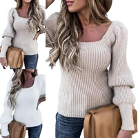 drop shipping women sweater solid color pullover knitted ol square neck slim winter sweater for commute