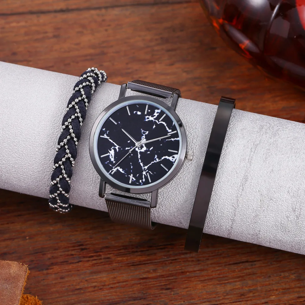 

XSVO Marble Dial Casual Simple Trend Men's Mesh Band Quartz Watch + Bracelet Set Luxury Sports Male Wristwatches Clock