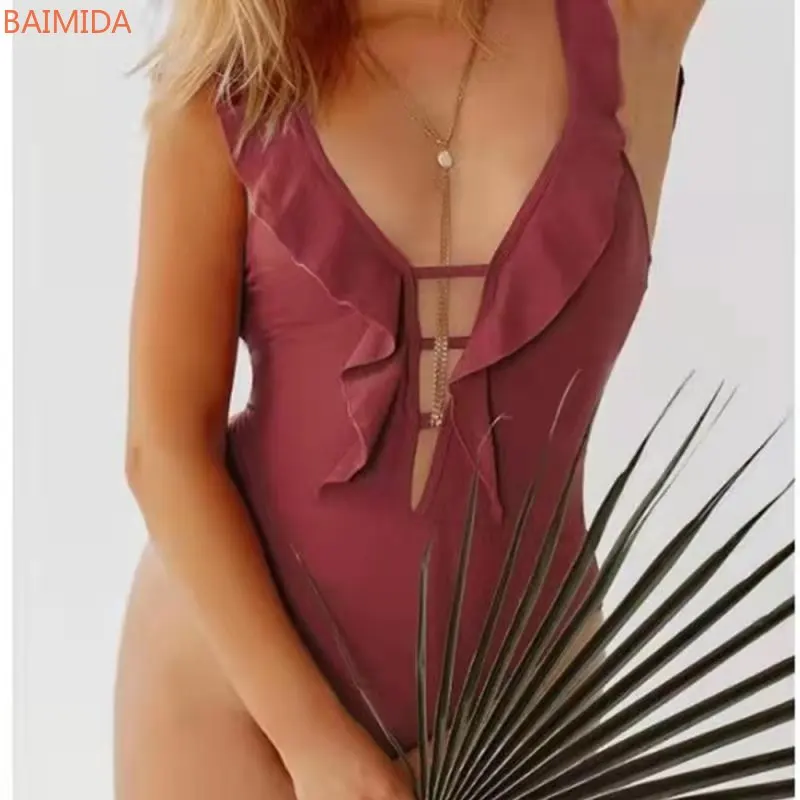 

2021 6-color swimsuit solid color ruffled multi-rope ladies one-piece swimsuit costumi da bagno donna maillot de bain bikini set