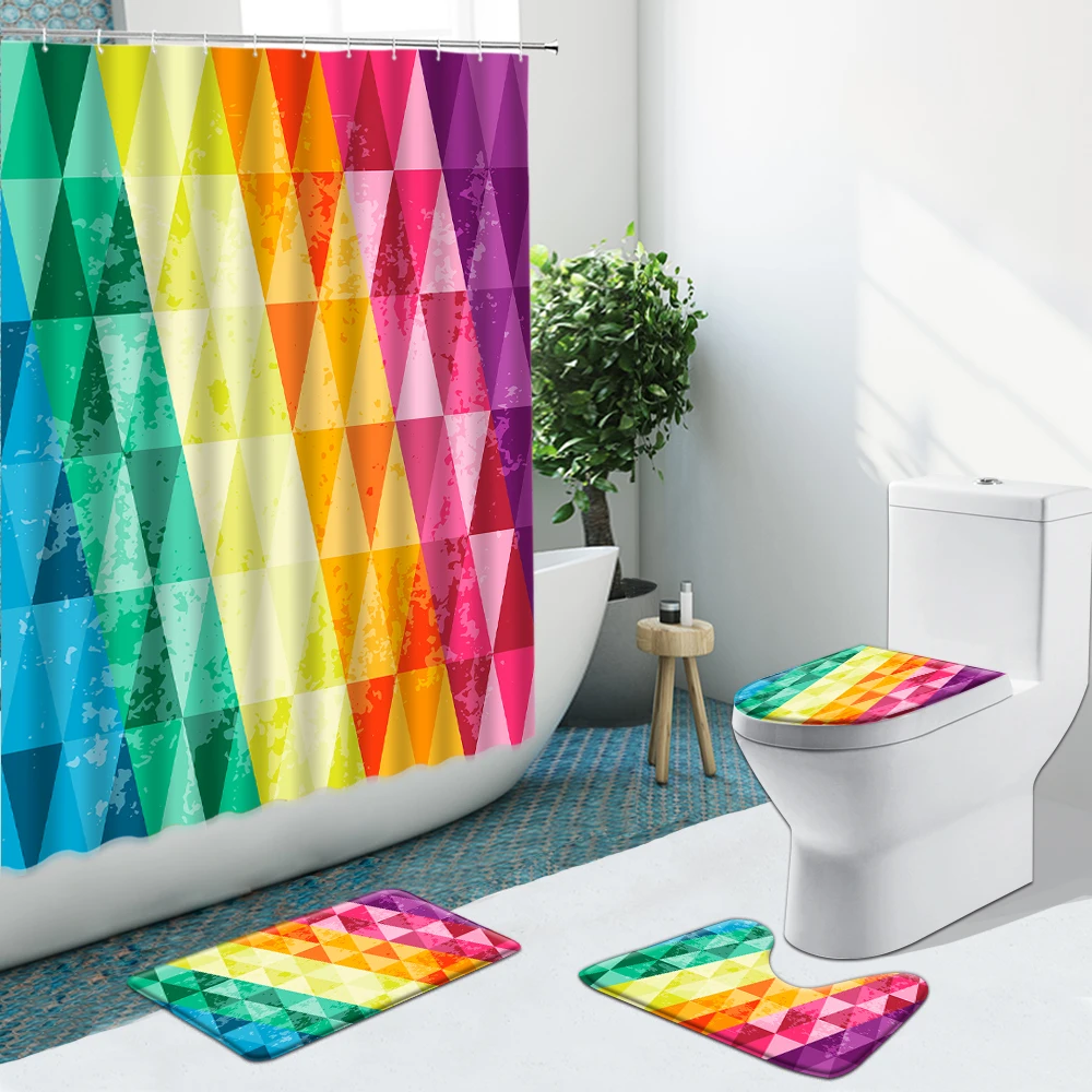 

Creative Rainbow Square Geometry Bathroom Set Non-Slip Rugs Flannel Carpet Toilet Cover Shower Curtain With Hooks Bath Mat Decor