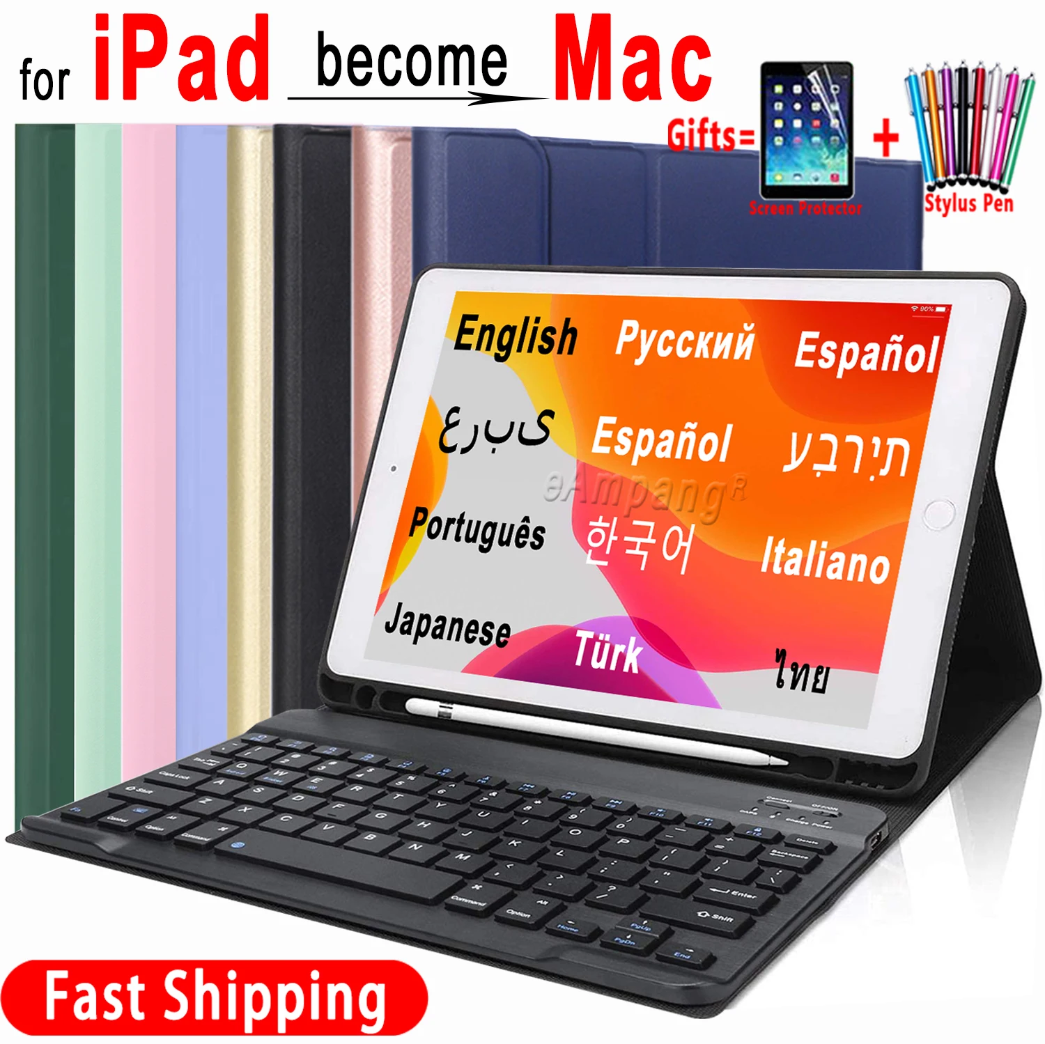 

Spanish Russian Keyboard Case For iPad Pro 11 10.5 Air 4 10.5 10.2 9.7 7 7th 8th 6th 5th Gen Cover Pen Slot Bluetooth Keyboard