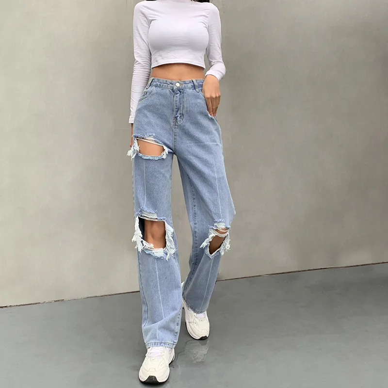 

Holes Ribbed Blue Jeans Women Harajuku Fashion Straight Long Trousers Ladies Streetwear Denim Pants Capris Y2k Pants