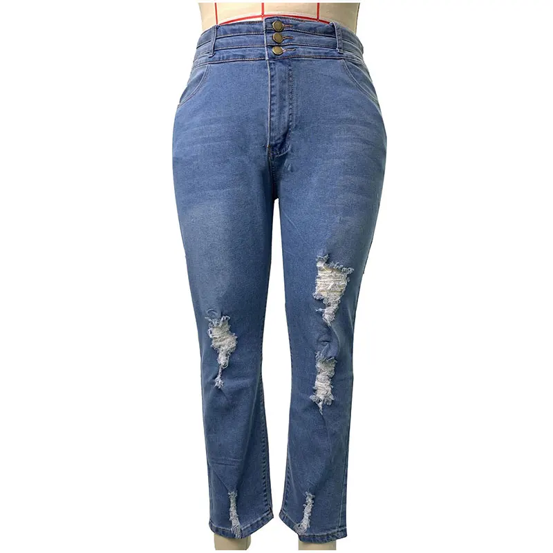 Большие размеры на пуговицах светло голубые рваные обтягивающие длинные джинсы