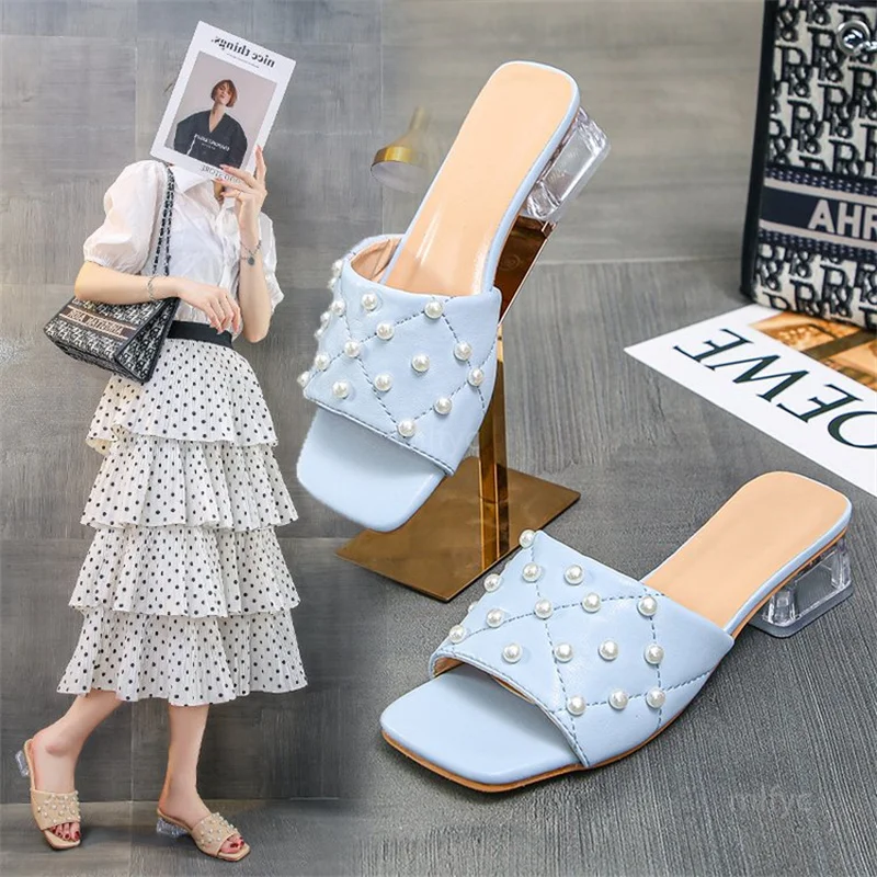 

Large size crystal and flip flops2021new thick-heeled pearl sandals and slippers for women's outer wear summer new semi-slippers