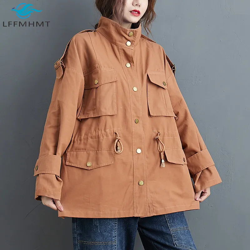 

Women Spring Fall Fashion Korean Style Multi Pocket Short Trench Office Lady Solid Color Casual Drawstring Waist Overalls Coats