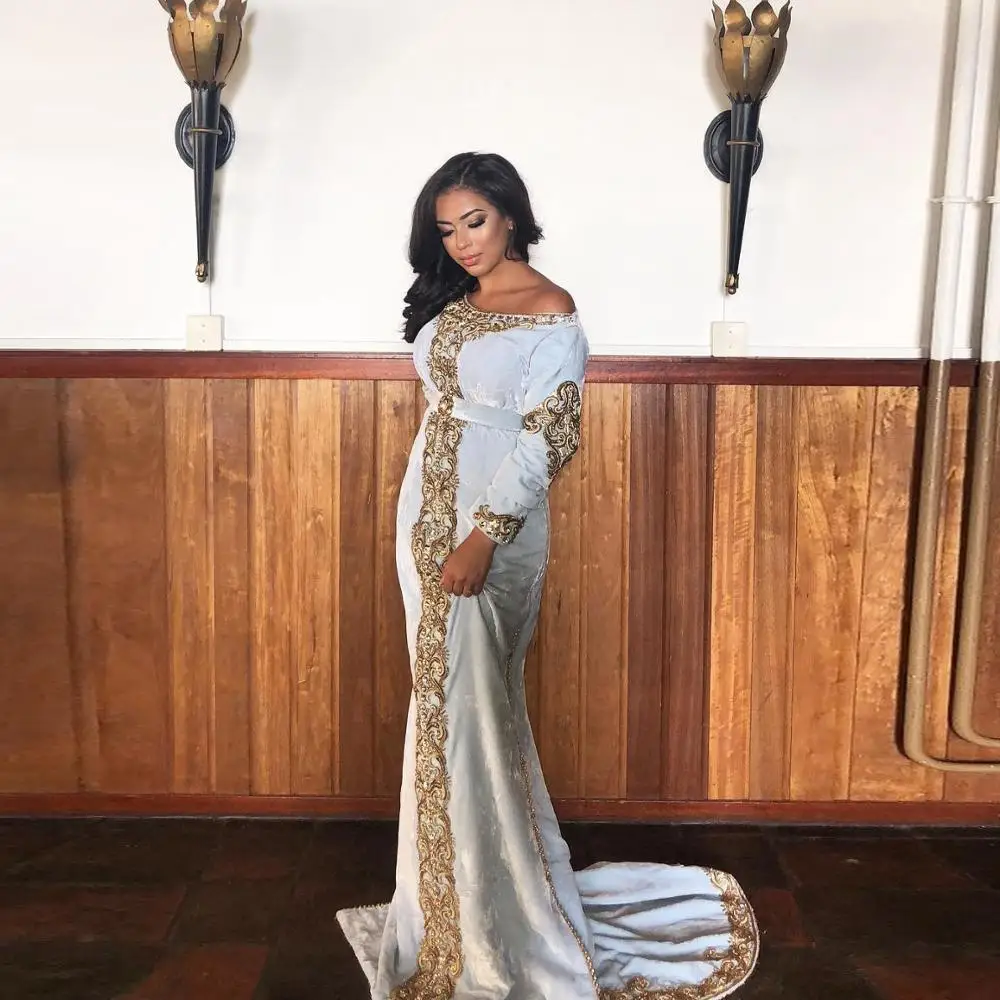 

High Quality Velour Moroccan Kaftan Evening Dresses Elegant Mermaid Appliques Custom Made Muslim Dubai Arabic Prom Gowns