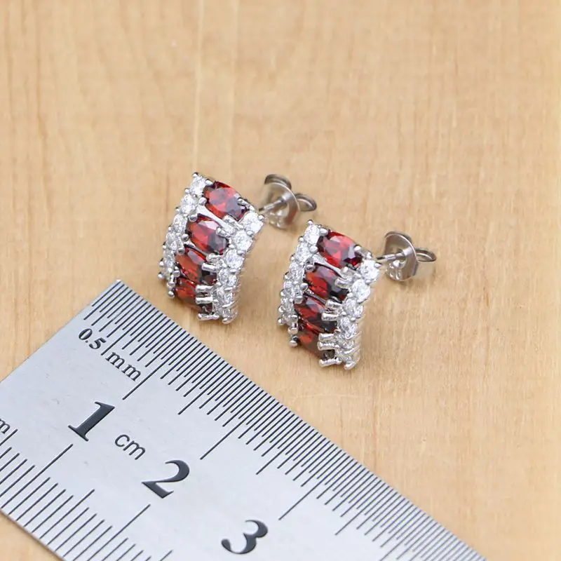 luxury Silver 925 Jewelry Sets Red Cubic Zirconia White Crystal Bijoux Kits For Women Earrings/Pendant/Necklace/Rings/Bracelet | Украшения