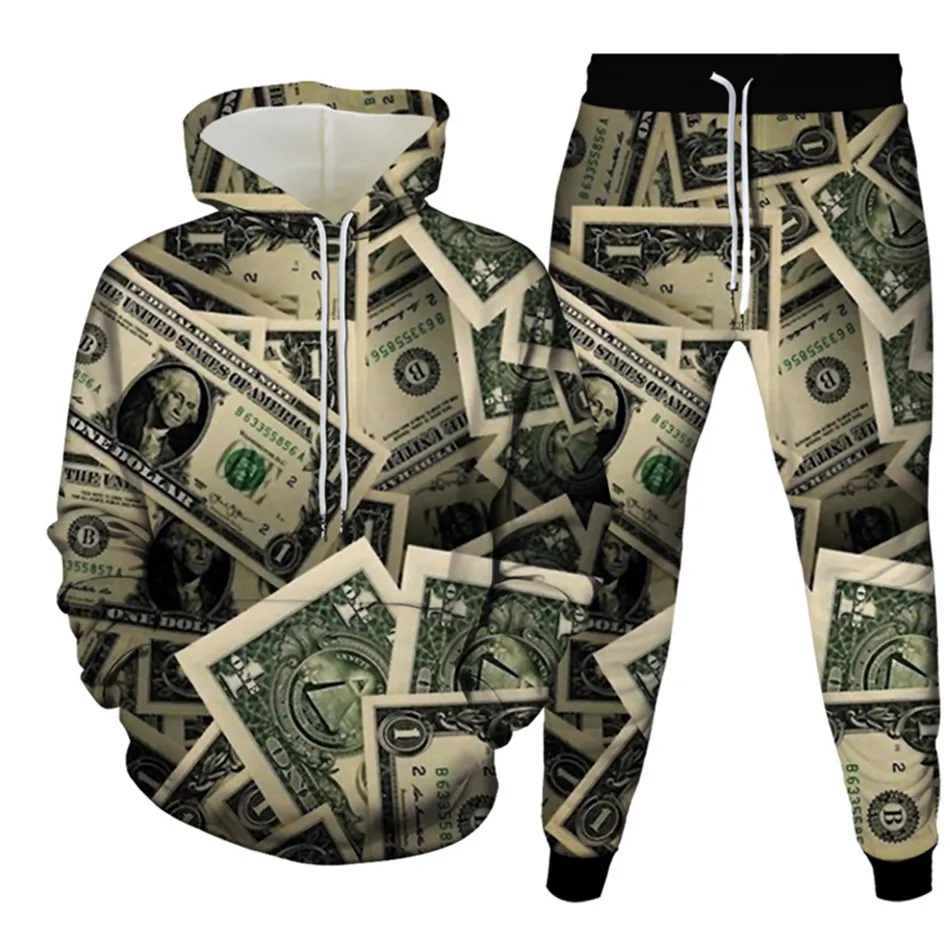 

2021 US Dollar Money 3D Print Men Tracksuits Women Hooded Sportswear Hoodies+Jogger Pants 2Pcs Set Spring Autumn Fashion Clothes
