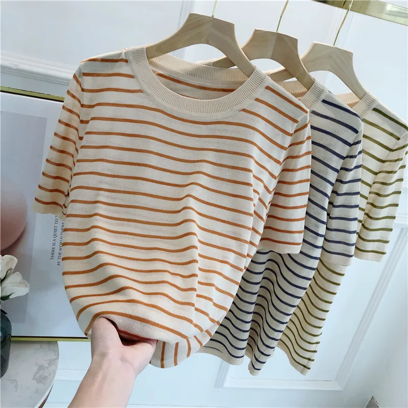 

100%Tencel High quality Striped Knitted T Shirt Women Short Sleeve O-Neck Loose Tee Shirt Femme Fashion Casual Tops 2021 Summer