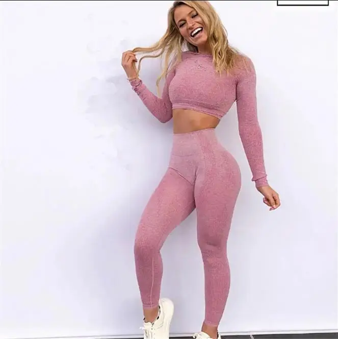 CB1062 pink 2 set Зимний комплект из 2 предметов для йоги, женский укороченный Топ с длинным рукавом, спортивные Леггинсы с высокой талией и животиком, одежда для спортзала, бесшовный спортивный костюм с эффектом омбре - Цвет: CB1062 pink 2 set