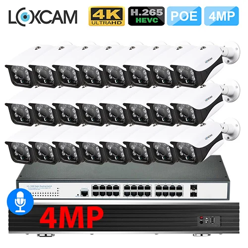 32CH x 24pcs 4MP Cam LOXCAM H.265+ 32CH 4K POE Комплект камер видеонаблюдения 4MP аудио запись Открытый водонепроницаемый безопасности ip-камера видеонаблюдения комплект - Цвет: 32CH x 24pcs 4MP Cam