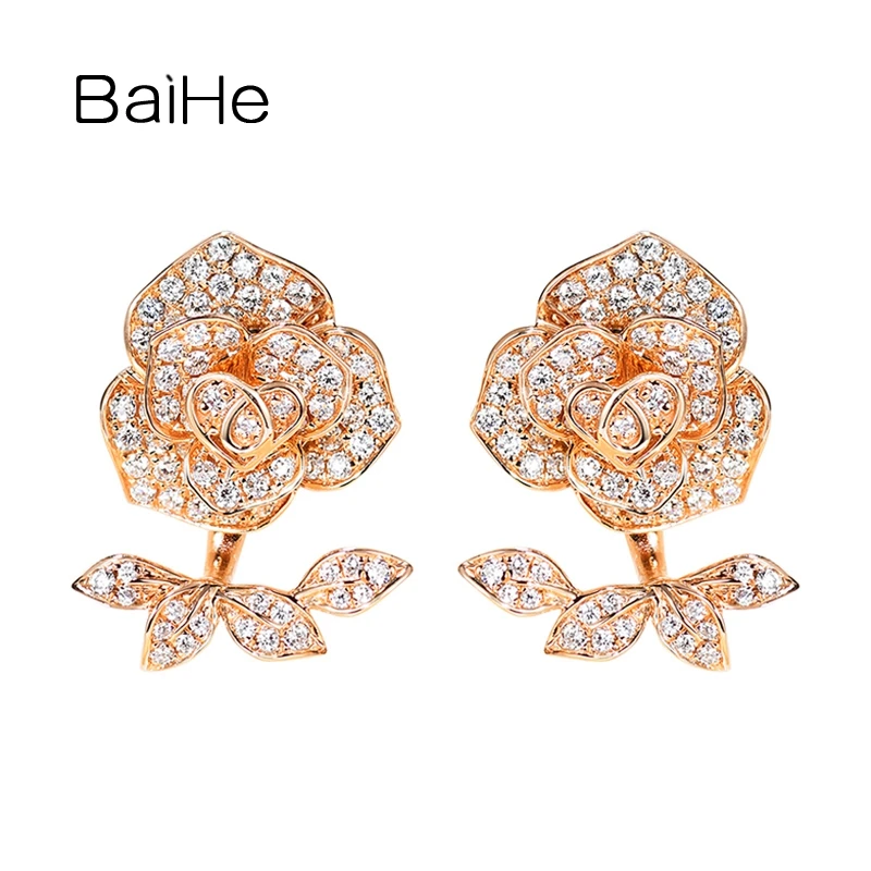 

BAIHE Solid 14K White/Yellow/Rose Gold H/SI Natural Diamond Rose Flower Stud Earrings Women Fine Jewelry Making Hoa tai đinh tán