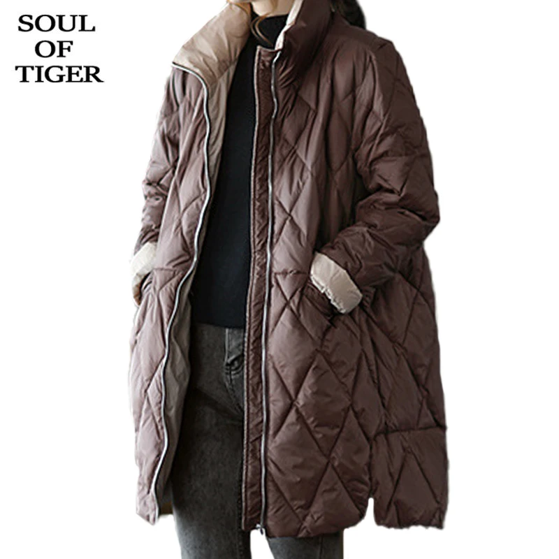 

SOUL OF TIGER 2021 Winter Womens Solid Padded Parkas British Style Ladies Loose Warm Duck Down Jacket Casual Zipper Snow Clothes