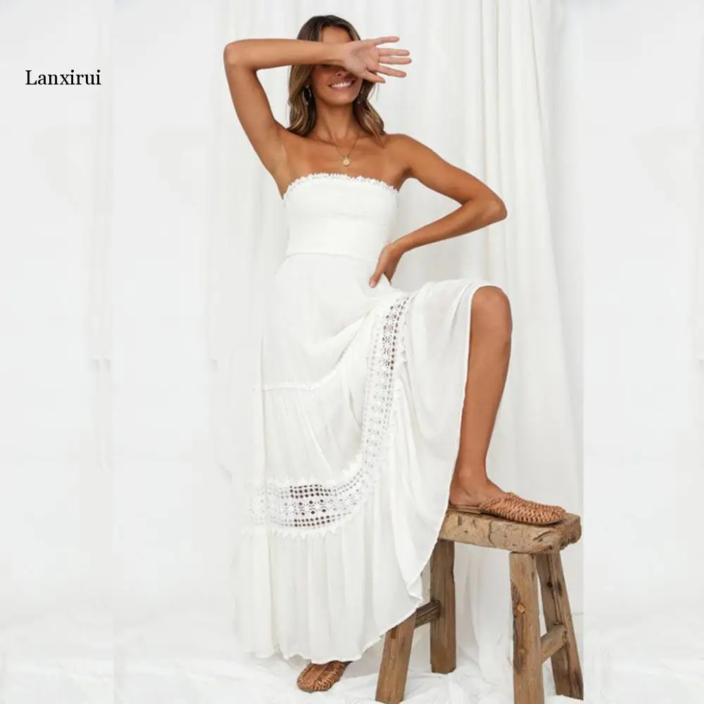 Платье женское пляжное без бретелек пикантный длинный ажурный вечерний Белый
