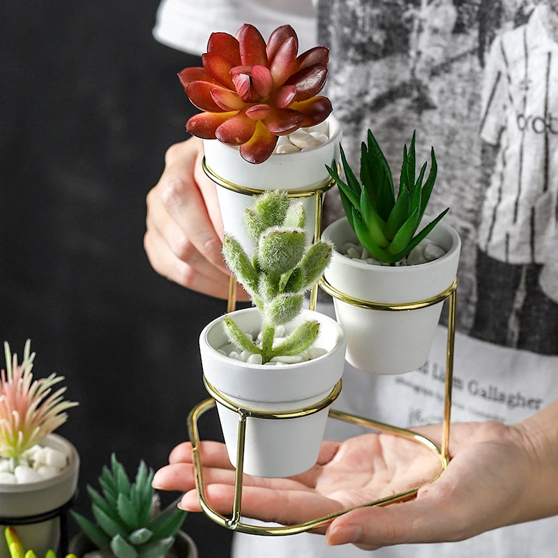 

Mini Pottery Pot Three-in-one Modern Small Flower Pot with Gold Black Metal Bracket Desktop Decoration Home Decoration