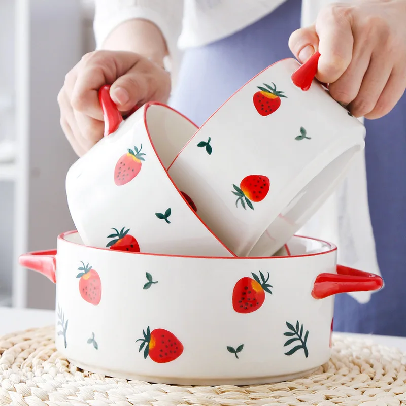Cute Strawberry Ceramic Bowl Breakfast Cereal Calix Water Milk With Lid Tableware Fruit Ramen Soup Friends Gift Dessert Cups | Дом и сад