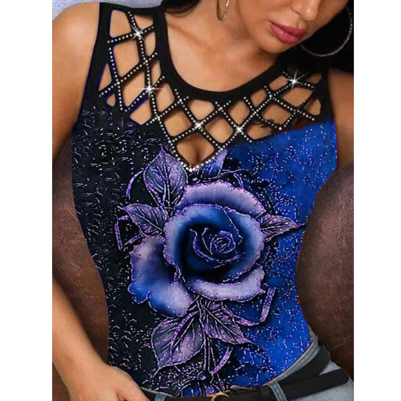 

3D Rose Printed Hollow Out Sleeveless Shirt Women Sexy Summer Casual O Neck Fashion Tshirt Vest Plus Size Party Club Tank Tops