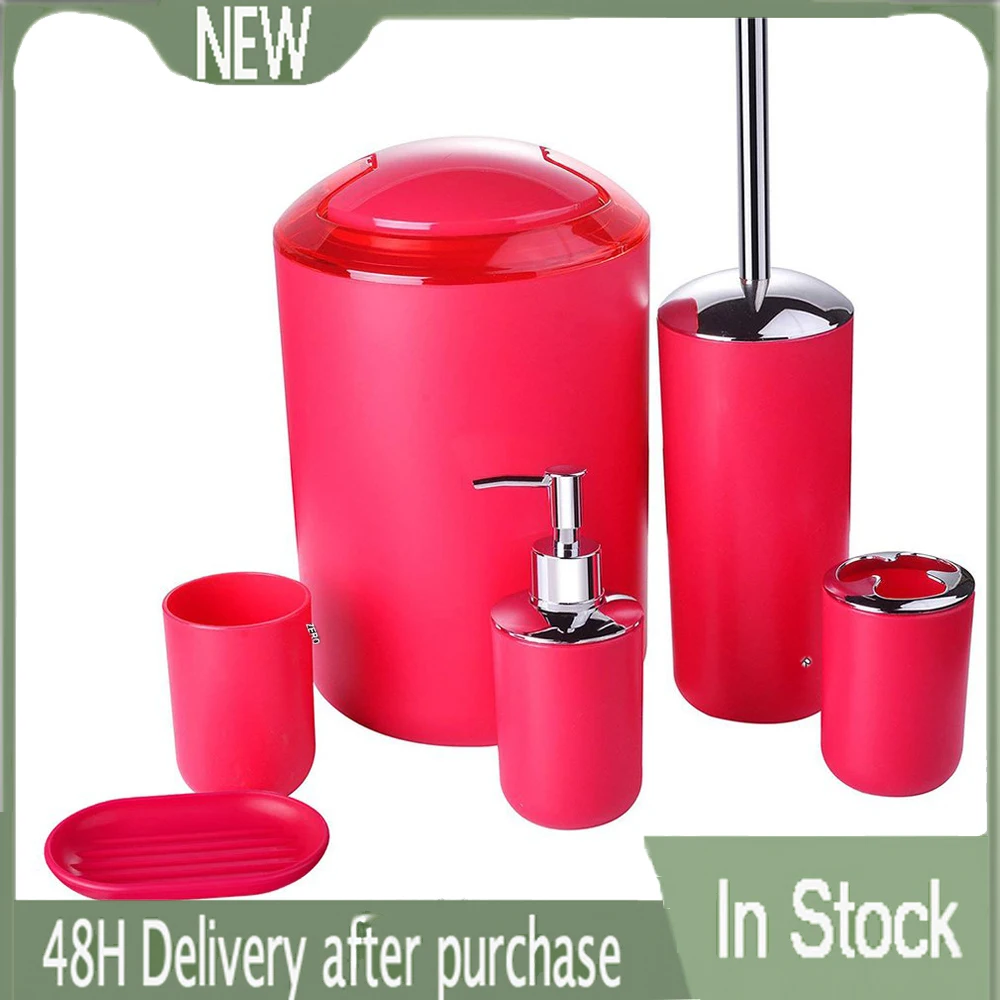 

In Stock 6pcs/set Bathroom Toiletries Practical Plastic Tooth Brushing Holder Mouthwash Cup Soap Box Trash Can Emulsion Bottle