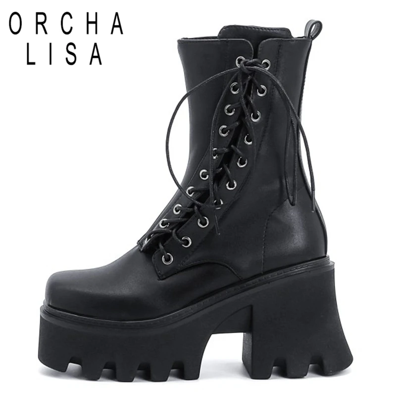 

2021 Gothic Women Ankle Boots High Platform Motorcycle Zipper Top Quality Autumn Winter Warm Chunky High Heels Big Size 43 S2367
