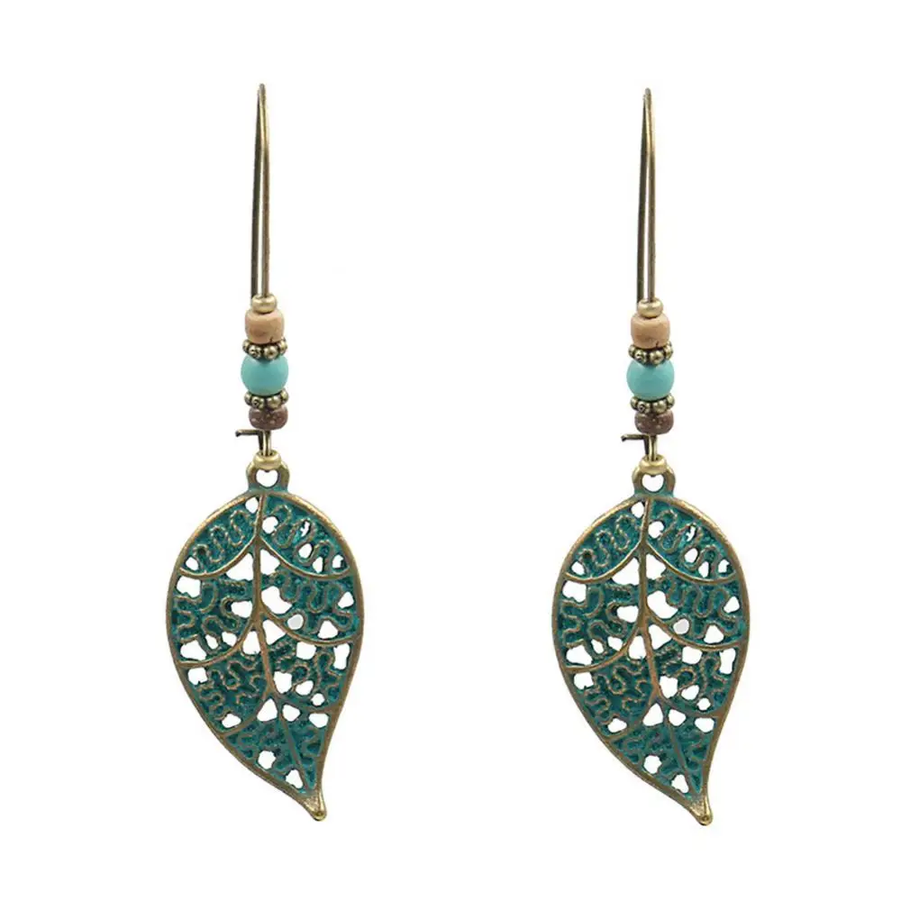 

Retro Hollow Leaf Pendant Faux Turquoise Beaded Earrings Women Statement Jewelry