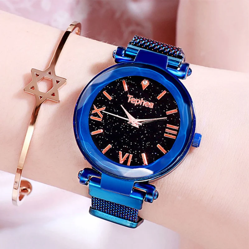 Модные женские часы наручные с звездным небом розовое золото стальные сетчатые