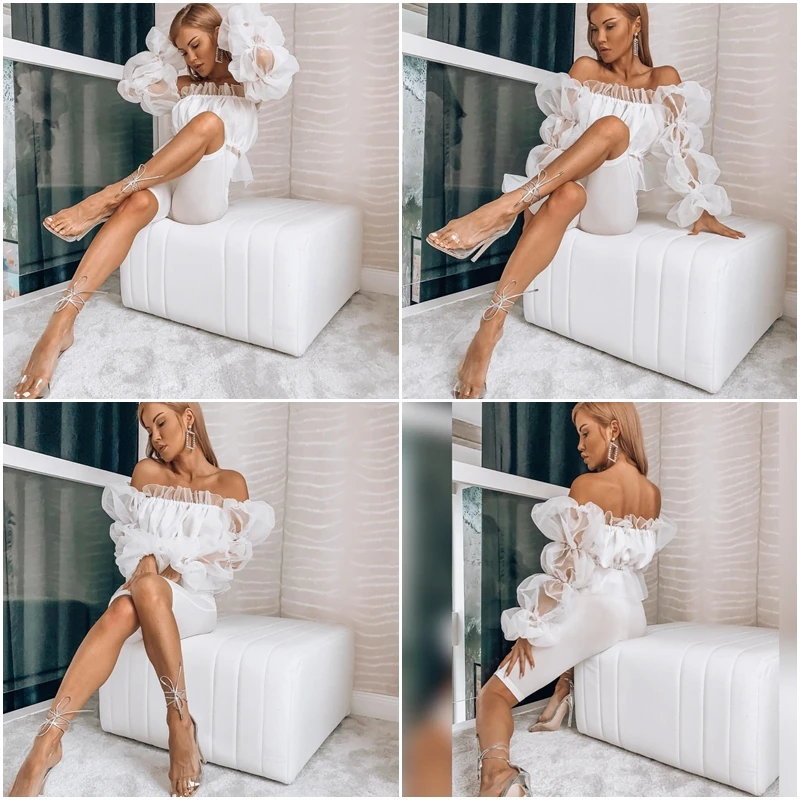 JaMerrySexy, прозрачные сетчатые рукава, гофрированные, женские блузки, топы, вечерние, шикарные, белые топы, с открытыми плечами, с вырезом лодочкой, женская блузка, рубашка