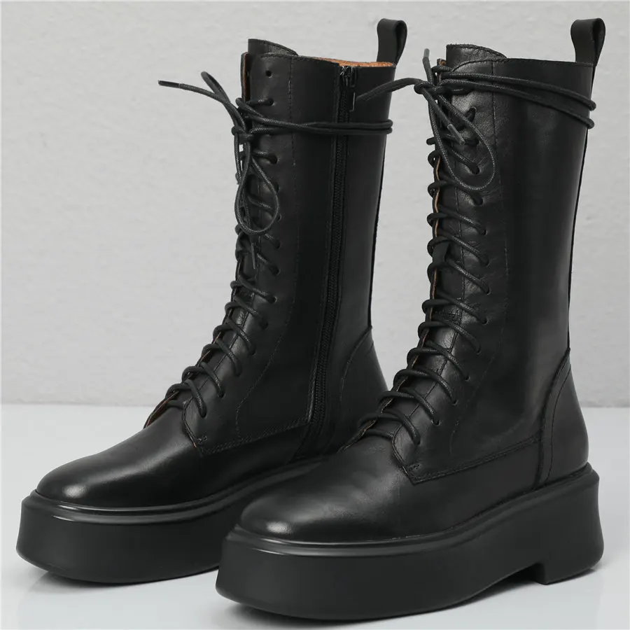 

Black Shoes Women Genuine Leather Chunky Platform Motorcycle Boots Female Lace Up High Top Round Toe Oxfords Shoes Casual Shoes