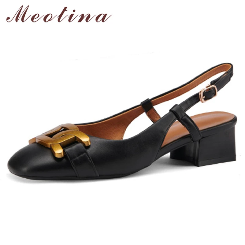 

Meotina Slingbacks Shoes Women Genuine Leather Square Toe Med Heels Pumps Meta Decoration Thick Heel Ladies Footwear Spring 40