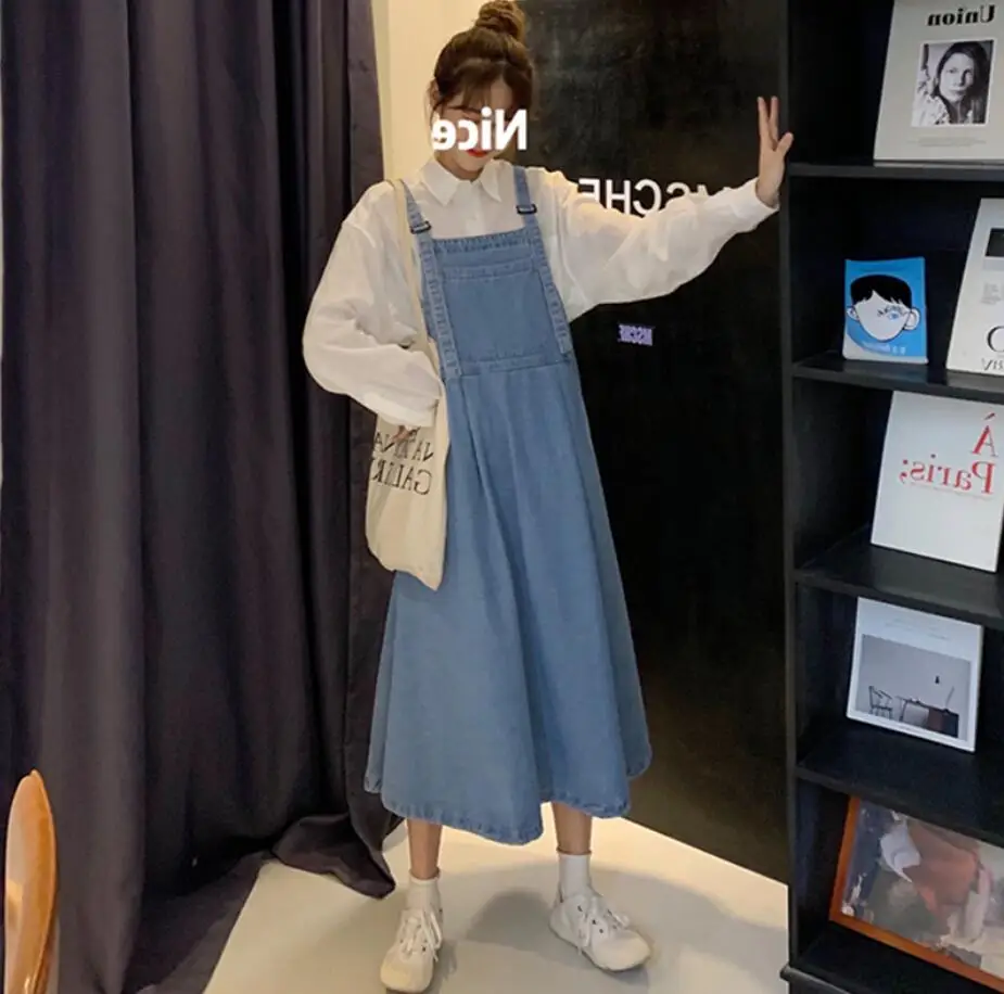 

2020 Spring Summer Women jean Dress Preppy Style Pockets A-Line Female Dresses Korean High Waist Denim Vestidos r708